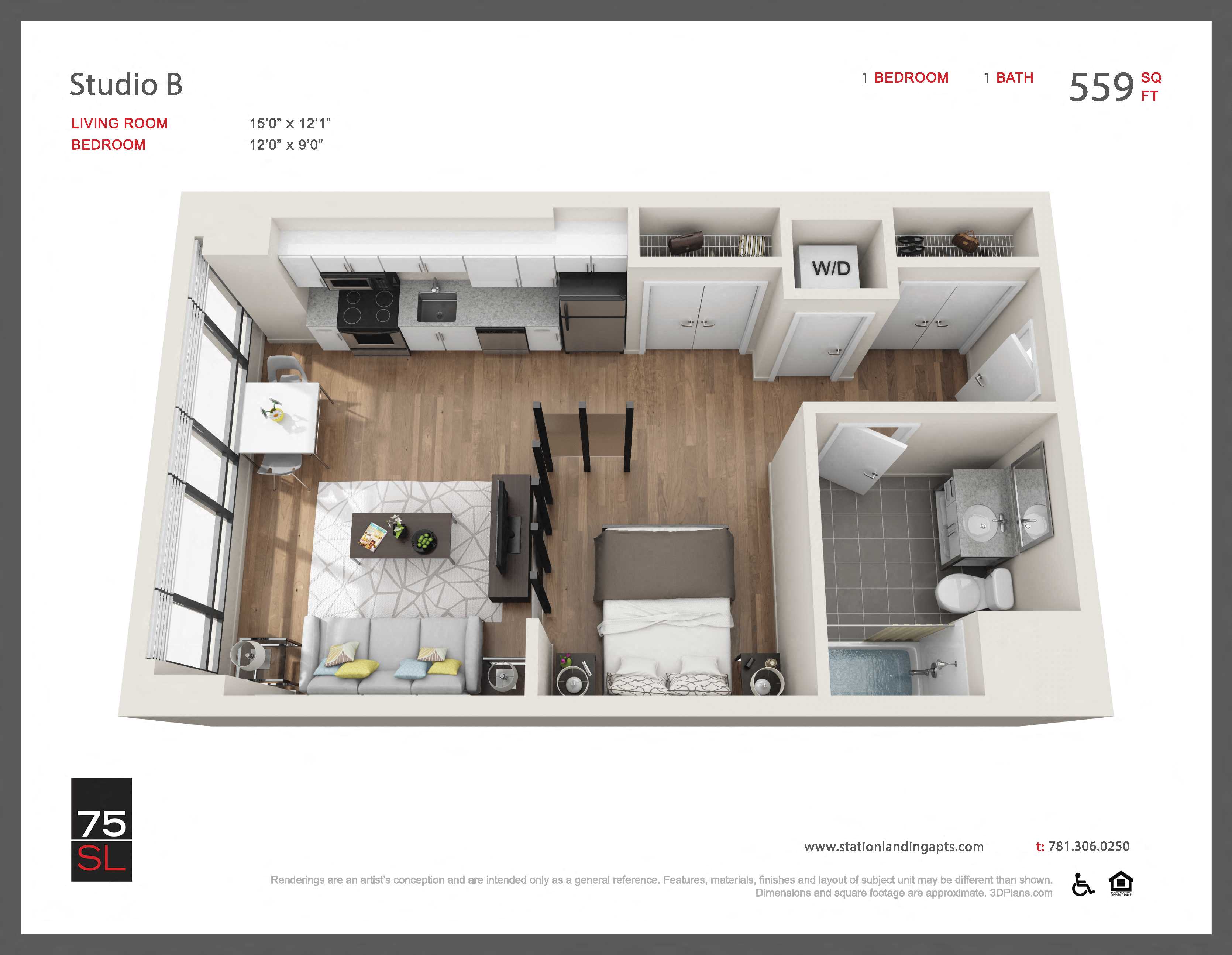 Floor plan for studio, 1 bath, 559 sqft